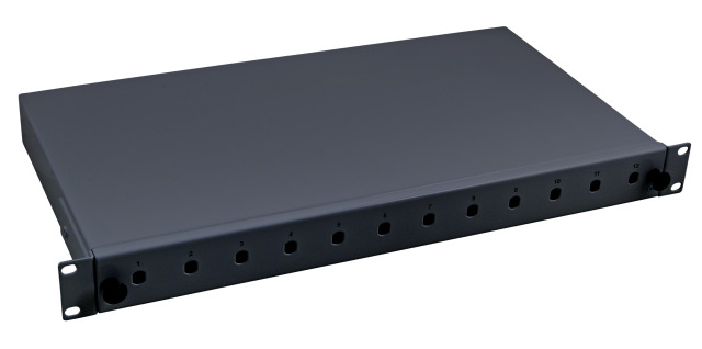 Optický patch panel 1U, výsuvný, RAL9005, 12 SC, E2000 spx, MTRJ, LC dpx, a.n. 53600TS.9