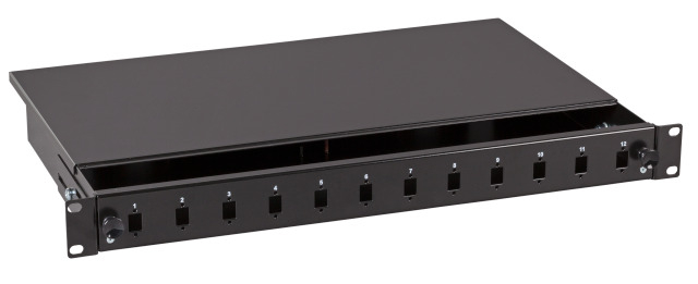 Optický patch panel 1U, nevýsuvný, RAL9005, 12 SC, E2000 spx, MTRJ, LC dpx, a.n. 53601TS.9